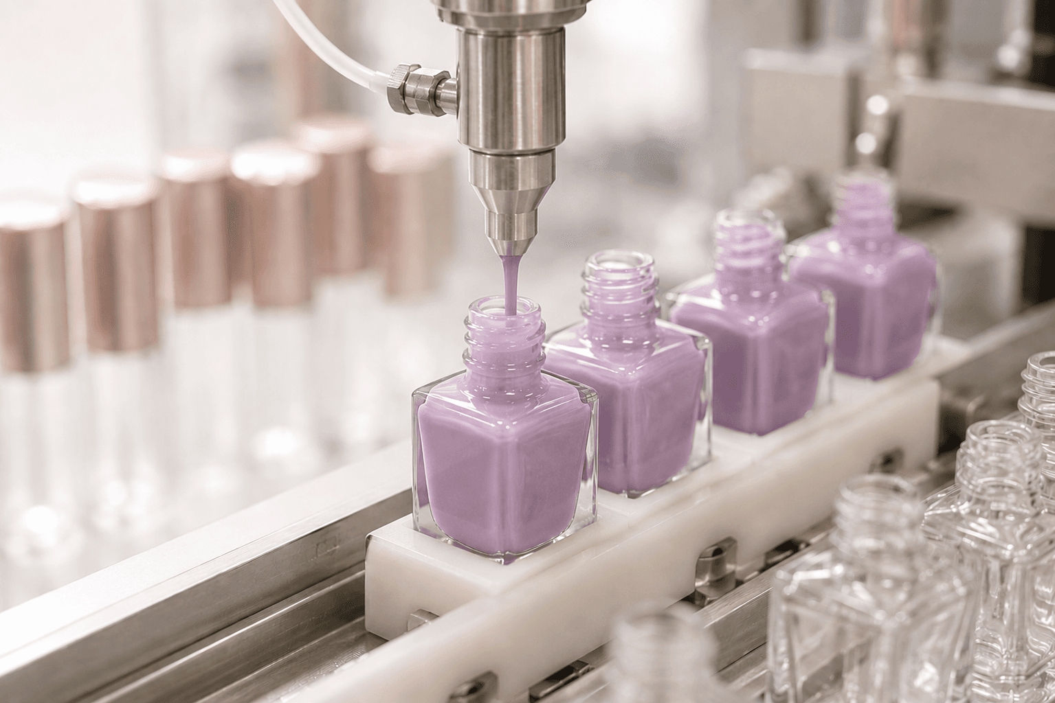 Cosmetic bottles on a filling line