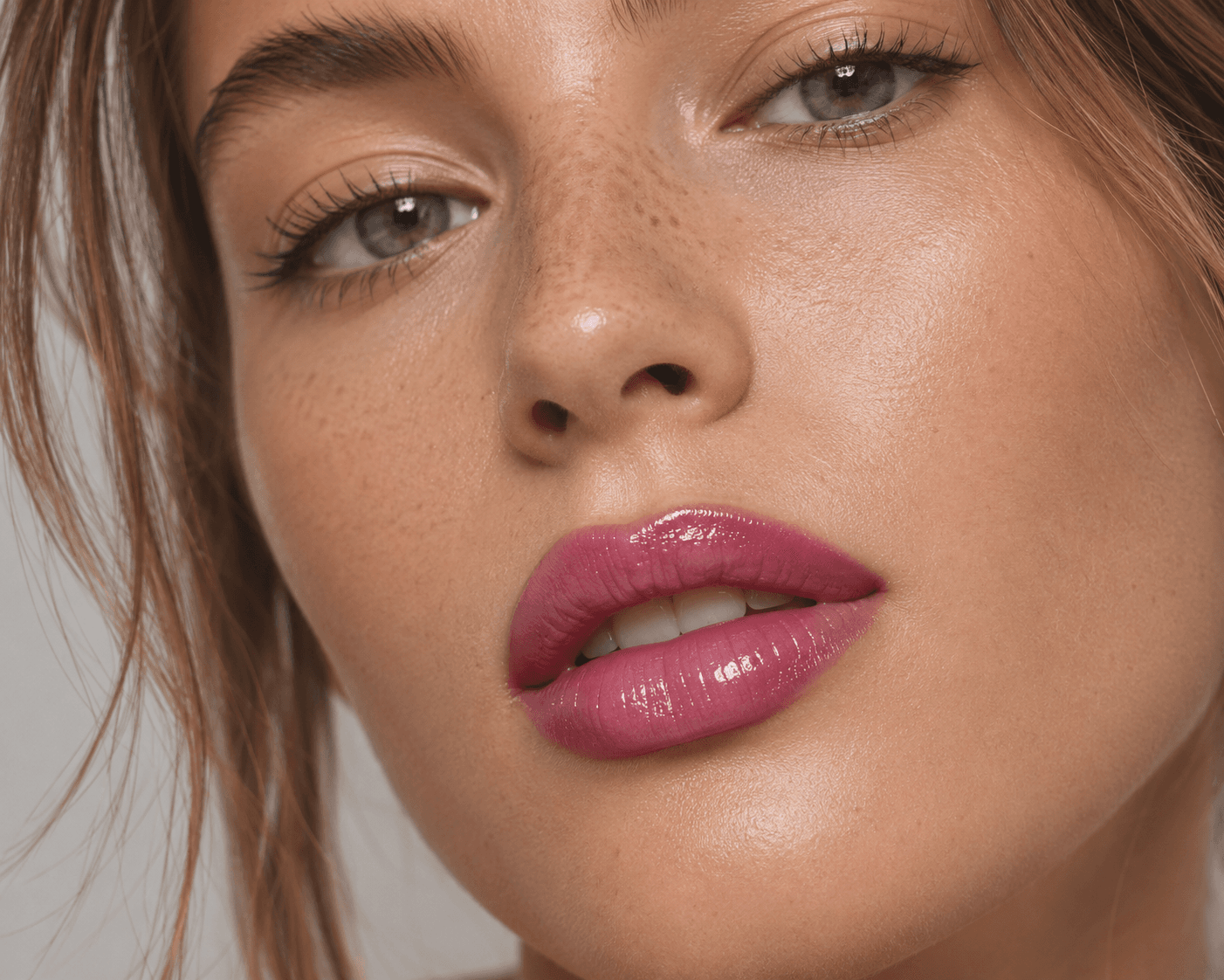 Close-up of a model wearing glossy pink lipstick