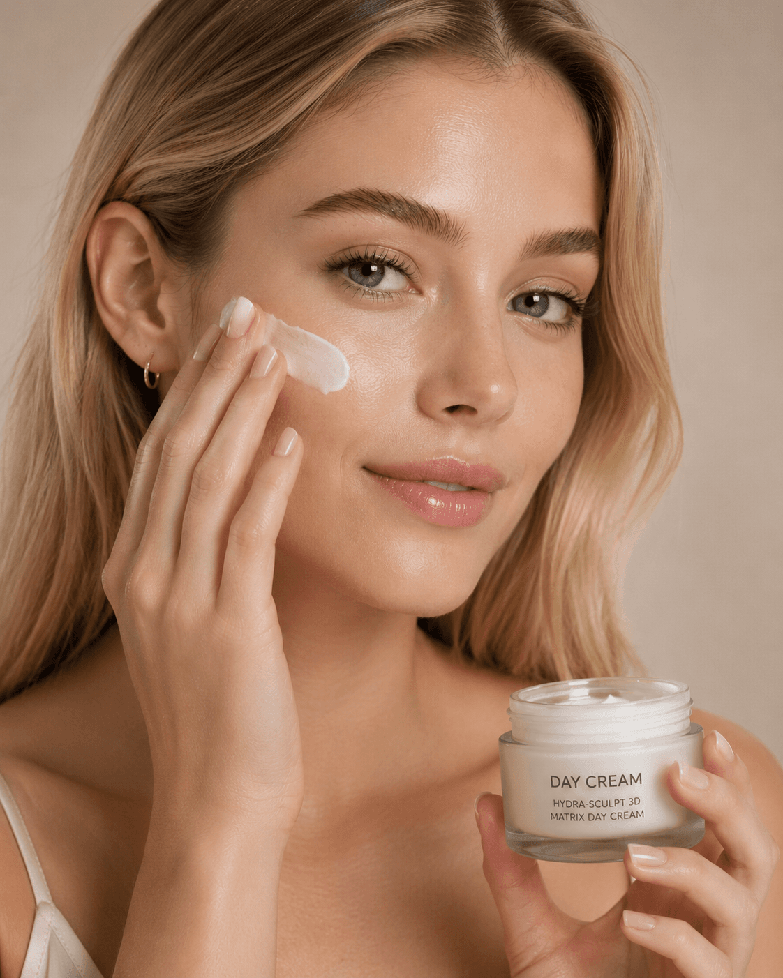 Model applying face cream